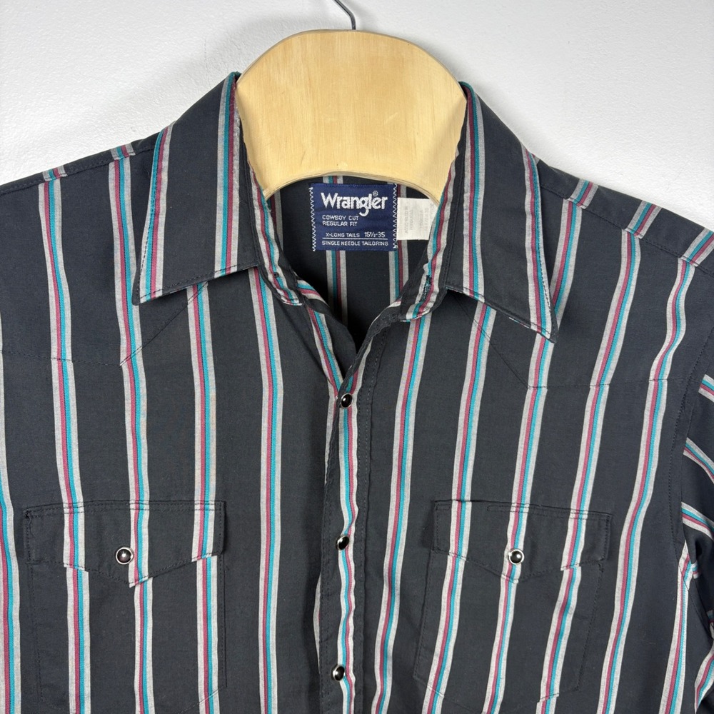 Wrangler Cowboy Cut Western Shirt Mens 16.5 x 35 Black Striped Pearl Snap